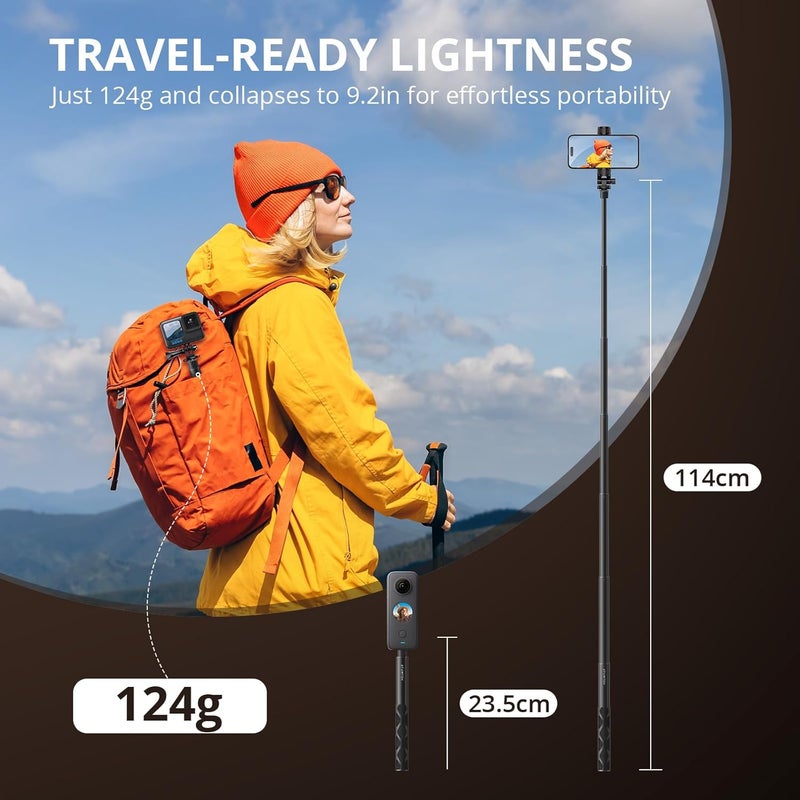 ATUMTEK 45" Invisible Selfie Stick, 1/4" Extended Monopod Pole, Solid and Compact Design for Insta360, for GoPro, DJI, Action Camera (Buckle Mount for GoPro and Wrist Strap Included) - Image 3